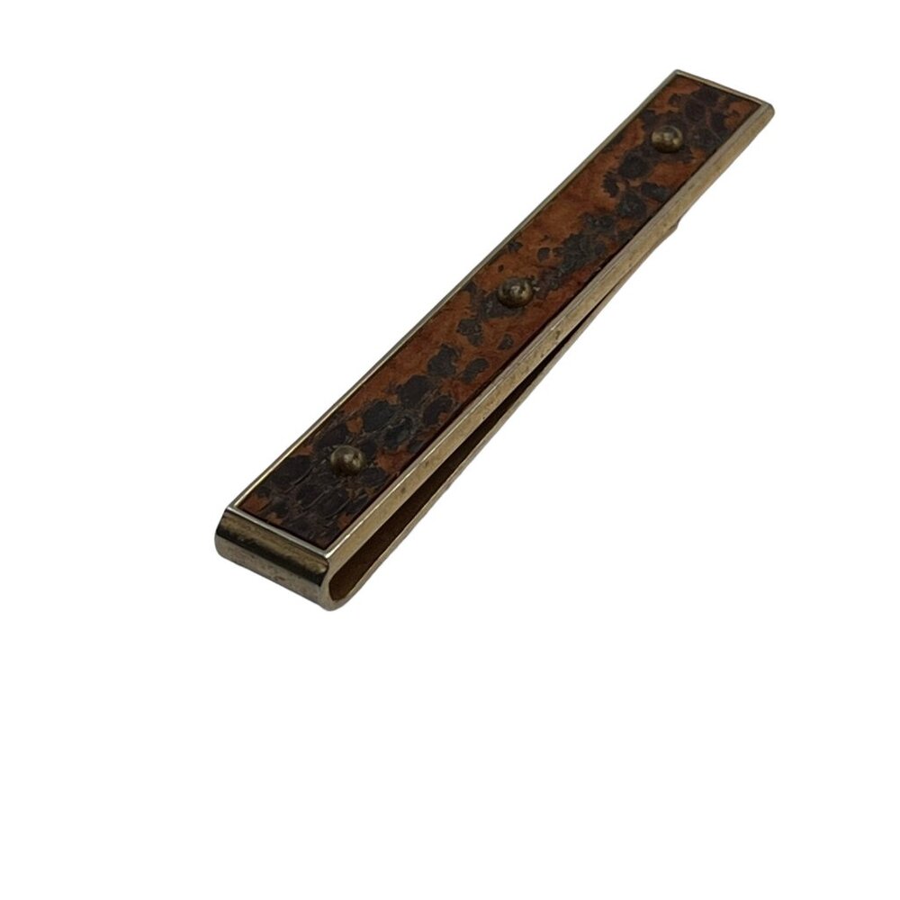 Vintage Swank Tie Bar Gold Tone Brown Faux Leather Insert 2‎ 3/4 inches